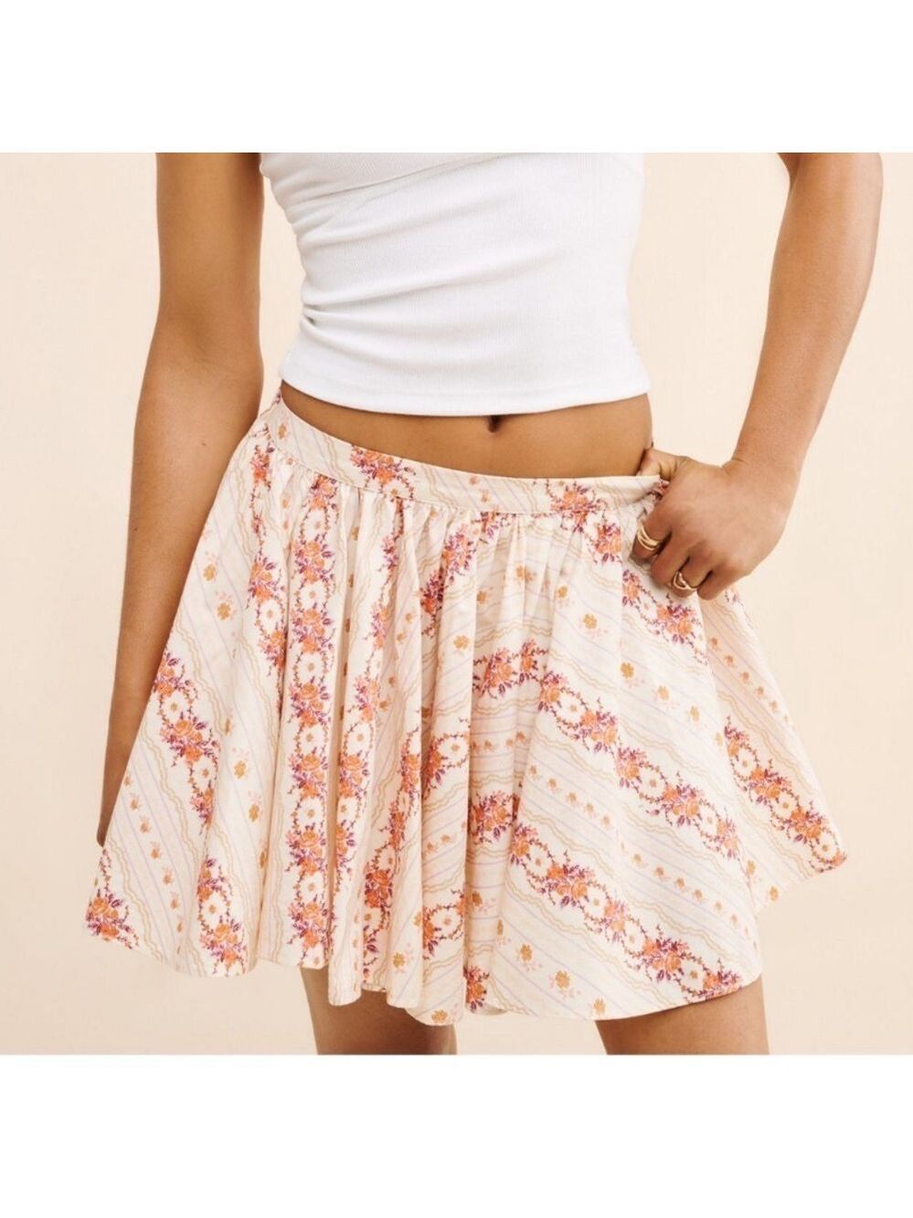 Free People Gaia Printed Mini Skirt Floral Cream Skirt Cotton Size M Festival